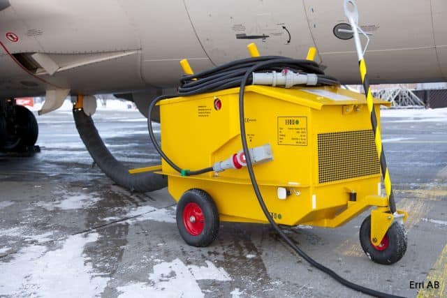 A yellow aircraft heater connected to an airplane, positioned beside it.